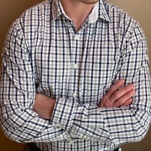 Express navy, white, and grey checked dress shirt